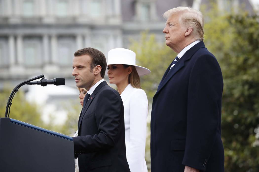 President Donald Trump listens as French President Emmanuel Macron speaks during a State Arrival Ceremony on the South Lawn of the White House in Washington, Tuesday, April 24, 2018. (AP Photo/Pab ...