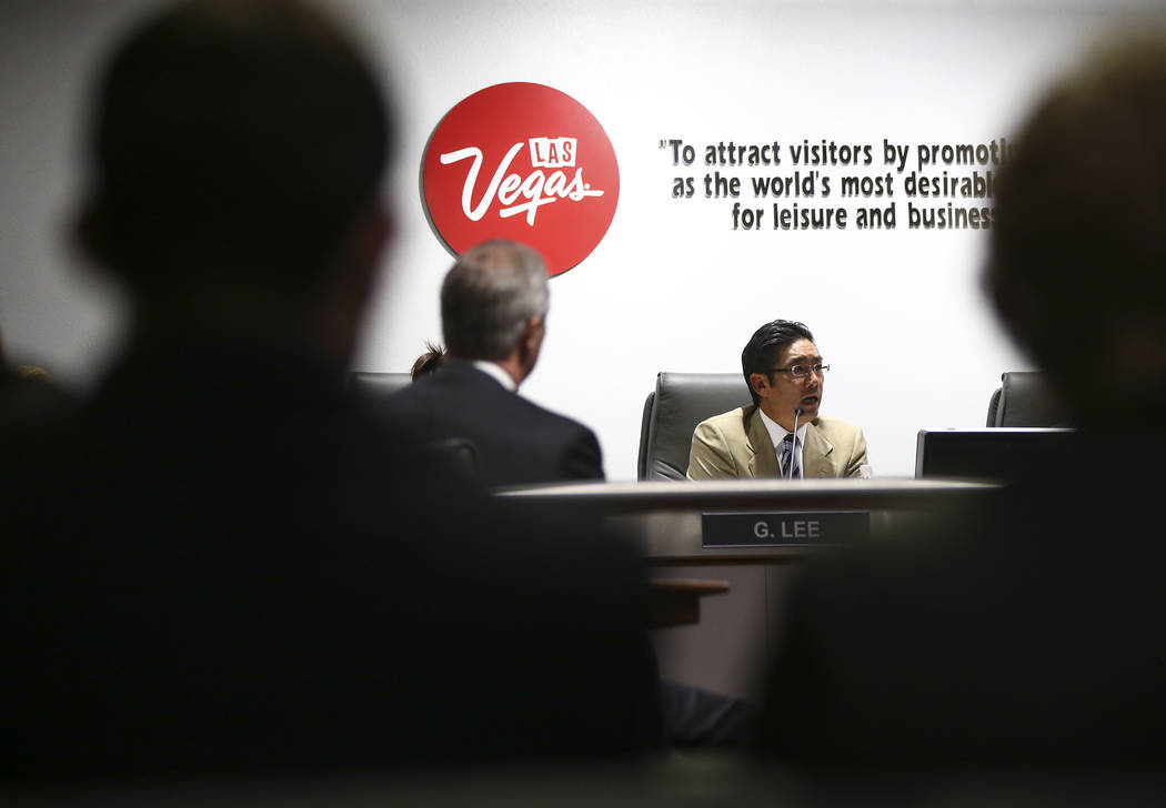 Las Vegas Convention and Visitors Authority board member Gregory Lee speaks during discussions about updating travel policies during a meeting of the LVCVA's audit committee at the Las Vegas Conve ...