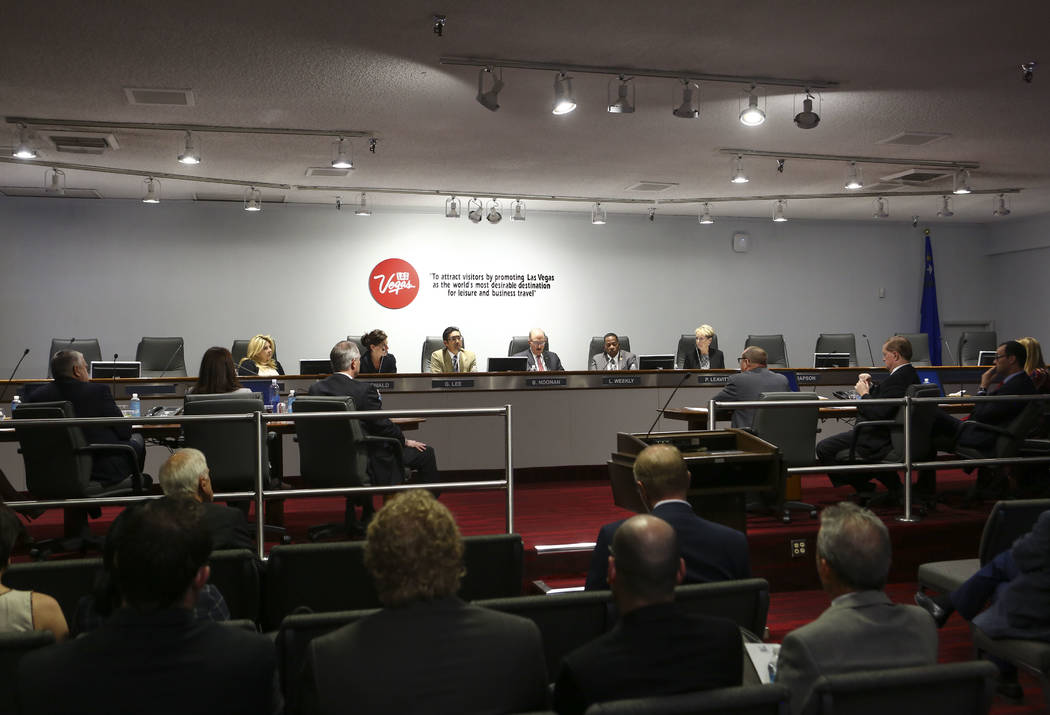 Members of the Las Vegas Convention and Visitors Authority's audit committee discuss updating travel policies during a meeting of the LVCVA's audit committee at the Las Vegas Convention Center on ...