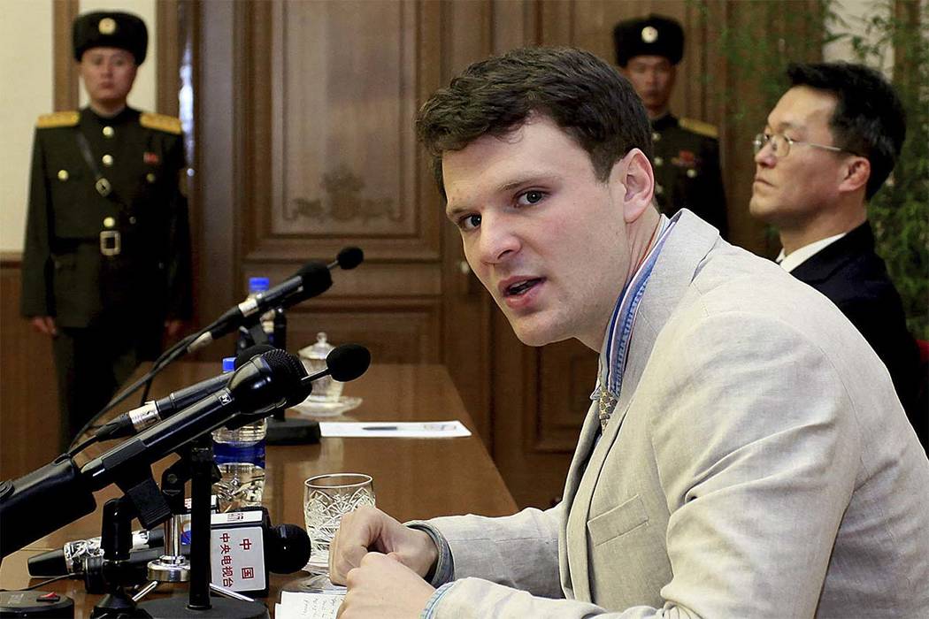 American student Otto Warmbier speaks as he is presented to reporters in Pyongyang, North Korea, Feb. 29, 2016. More than 15 months after he gave a staged confession, Warmbier was returned to the ...
