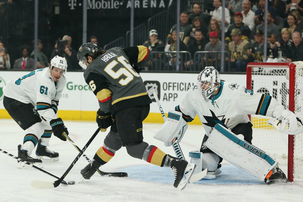 Vegas Golden Knights left wing Erik Haula (56) attempt a shot against San Jose Sharks during the first period in Game 1 of an NHL hockey second-round playoff series at T-Mobile Arena in Las Vegas ...