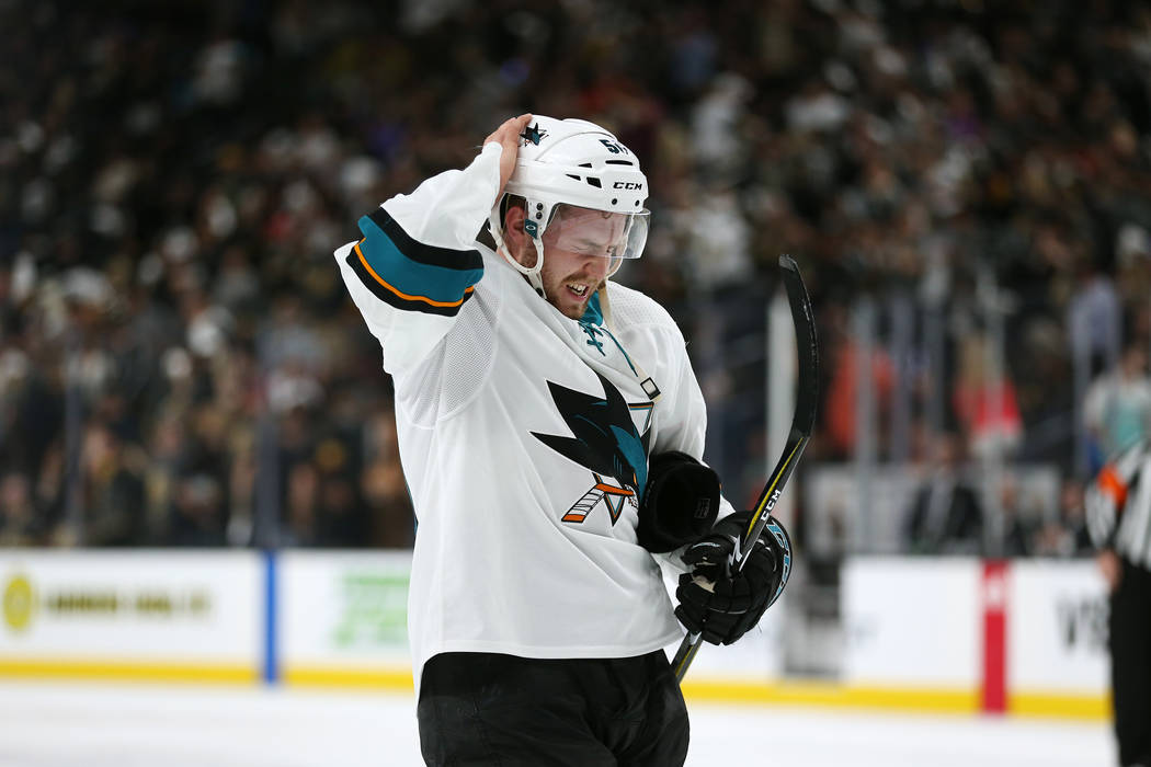 San Jose Sharks center Chris Tierney (50) at the end of the first period in Game 1 of an NHL hockey second-round playoff series at T-Mobile Arena in Las Vegas in Las Vegas, Thursday, April 26, 201 ...