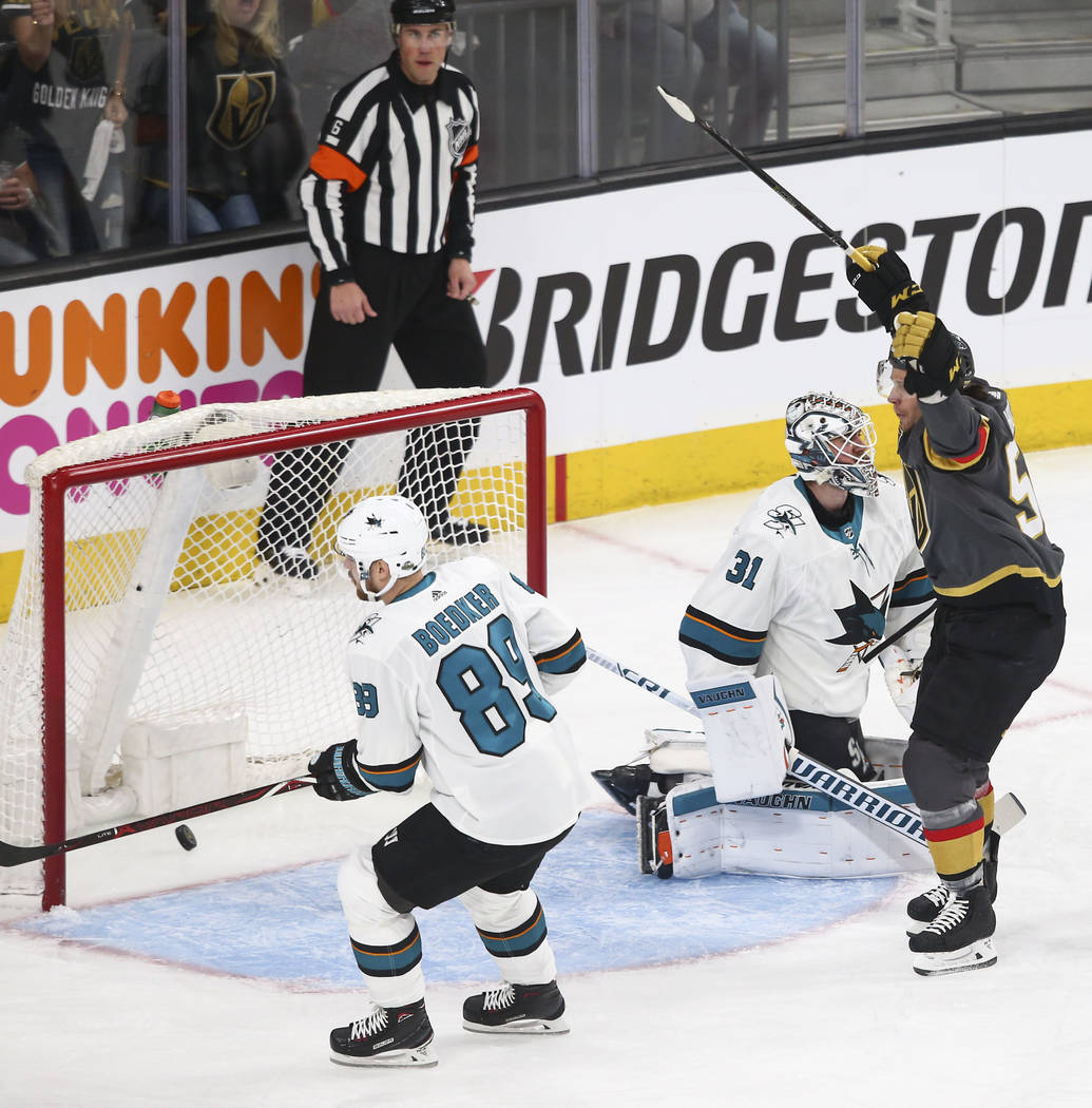 Golden Knights left wing Erik Haula (56) celebrates his goal against the San Jose Sharks during the first period of Game 1 of an NHL hockey second-round playoff series at T-Mobile Arena in Las Veg ...