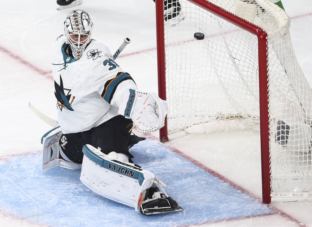 San Jose Sharks goaltender Martin Jones (31) gets scored on by Golden Knights defenseman Shea Theodore, not pictured, during the second period of Game 1 of an NHL hockey second-round playoff serie ...