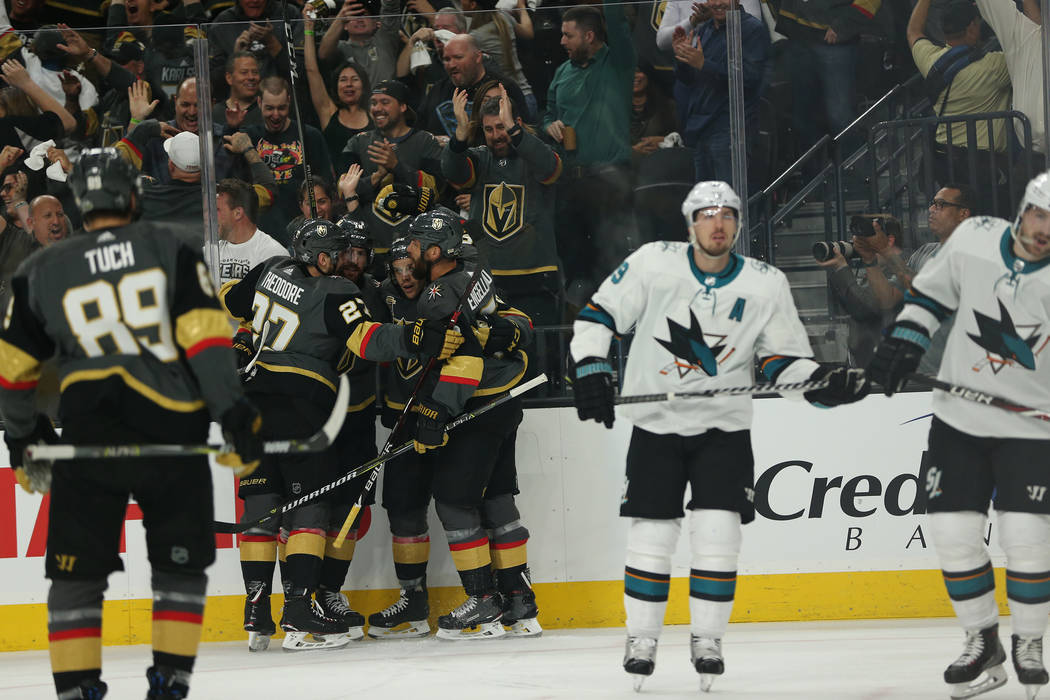 Vegas Golden Knights celebrates a score by left wing Erik Haula (56) go in for a score during the first period in Game 1 of an NHL hockey second-round playoff series at T-Mobile Arena in Las Vegas ...