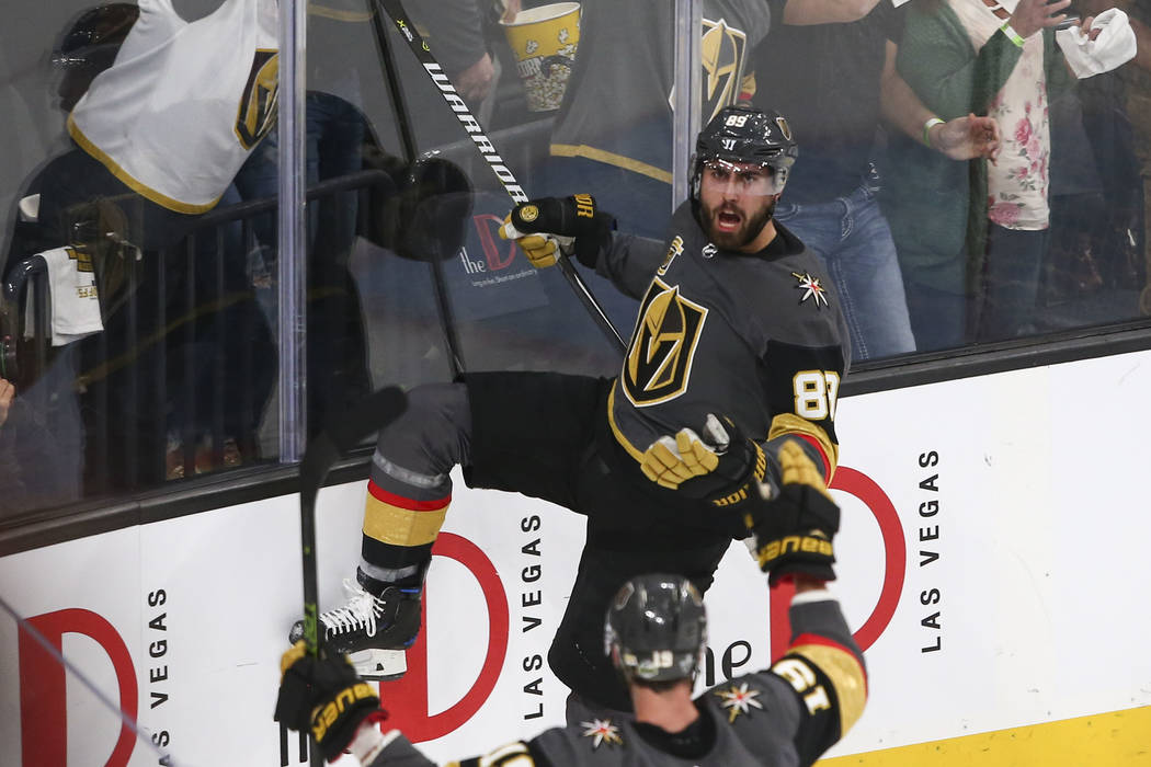 Golden Knights right wing Alex Tuch (89) celebrates his goal against the San Jose Sharks during the first period of Game 1 of an NHL hockey second-round playoff series at T-Mobile Arena in Las Veg ...