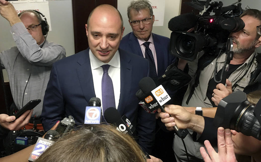 New Wynn Resort CEO Matthew Maddox speaks to members of the media after a hearing Friday, April 27, 2018, in Boston. Maddox said the name of the new casino being built in Everett will be changed f ...