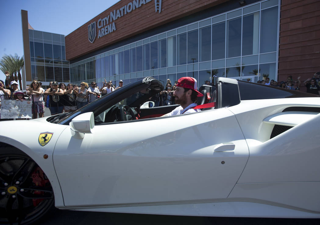 Vegas Golden Knights right wing James Neal departs from City National Arena in Las Vegas, Sunday, April 29, 2018, during a send-off event for the team ahead of games three and four of the NHL play ...