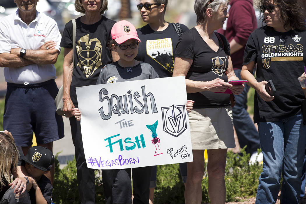 Golden Knights fans wait for players to depart from City National Arena in Las Vegas, Sunday, April 29, 2018, during a send-off event for the team ahead of games three and four of the NHL playoff ...