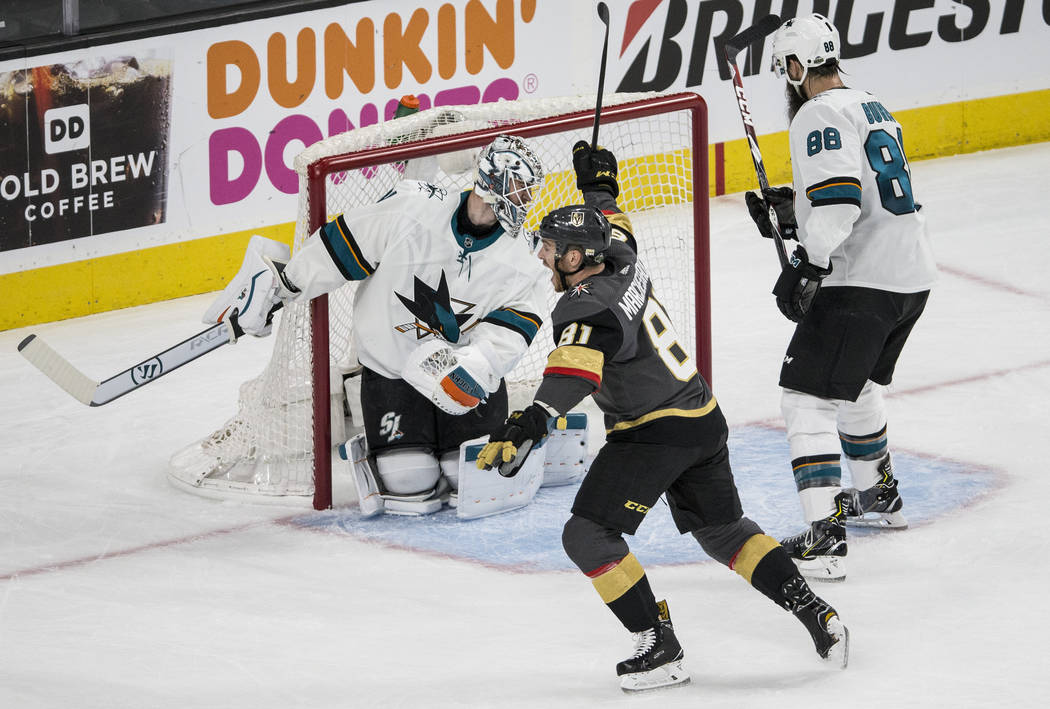 Golden Knights center Jonathan Marchessault (81) celebrates after teammate William Karlsson (71) scored a first period goal against San Jose Sharks goaltender Martin Jonesca (31) during game two ...