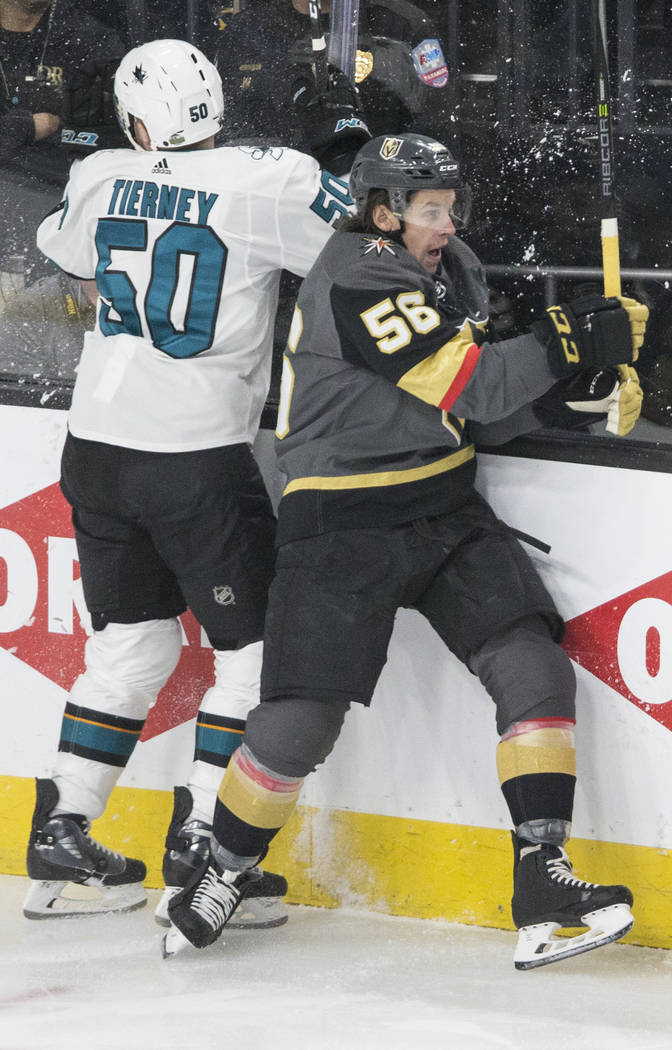 Golden Knights left wing Erik Haula (56) collides with San Jose Sharks center Chris Tierney (50) during game two of their second round playoff series on Saturday, April 28, 2018, at T-Mobile Arena ...