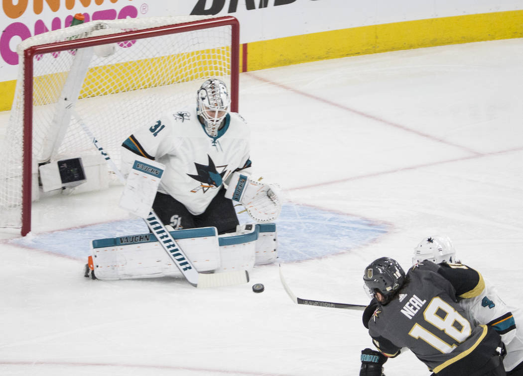 Golden Knights left wing James Neal (18) shoots on San Jose Sharks goaltender Martin Jonesca (31) during game two of their second round playoff series on Saturday, April 28, 2018, at T-Mobile ...