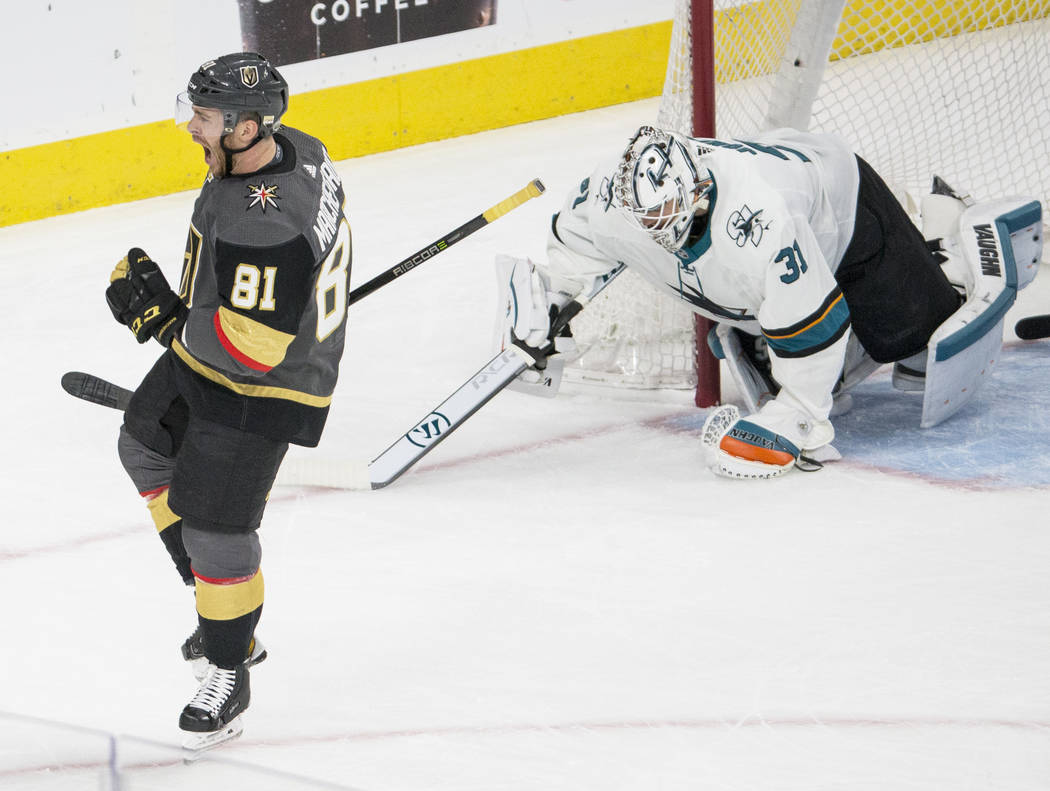 Golden Knights center Jonathan Marchessault (81) celebrates after teammate William Karlsson (71) scored a first period goal against San Jose Sharks goaltender Martin Jonesca (31) during game two ...
