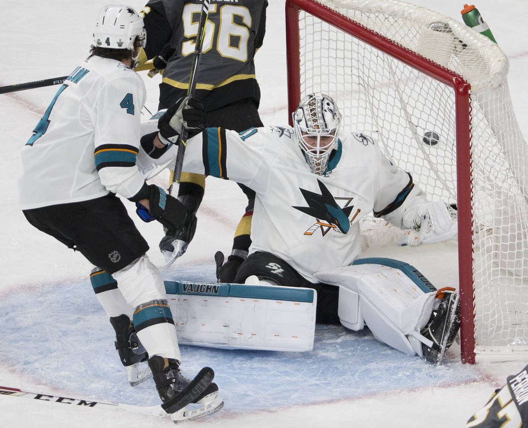 San Jose Sharks goaltender Martin Jones (31) makes a save during game two of their second round playoff series on Saturday, April 28, 2018, at T-Mobile Arena, in Las Vegas. Benjamin Hager Las Vega ...