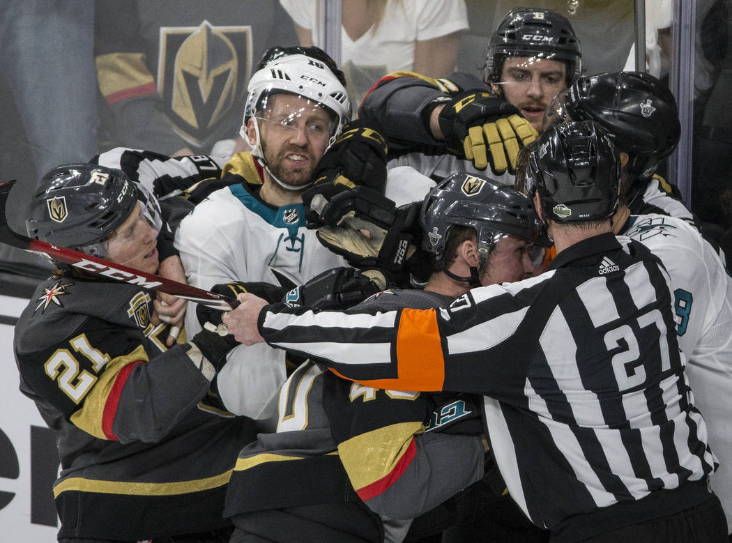 Golden Knights and San Jose Sharks players fight during game two of their second round playoff series on Saturday, April 28, 2018, at T-Mobile Arena, in Las Vegas. Benjamin Hager Las Vegas Review- ...