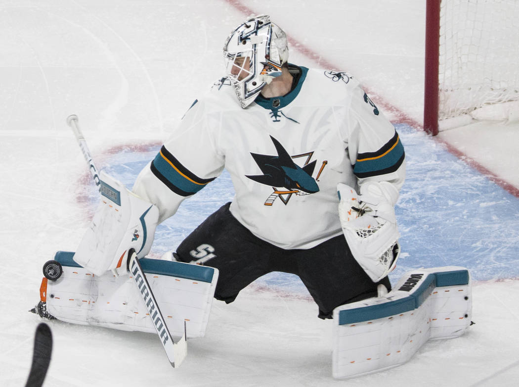 San Jose Sharks goaltender Martin Jones (31) makes a save in overtime during game two of their second round playoff series on Saturday, April 28, 2018, at T-Mobile Arena, in Las Vegas. Benjamin Ha ...