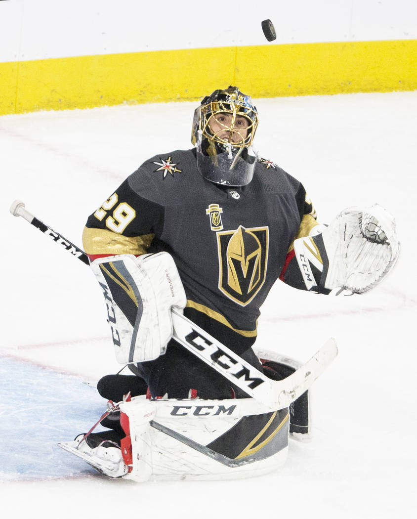 Golden Knights goaltender Marc-Andre Fleury (29) makes a save against in overtime during game two of their second round playoff series on Saturday, April 28, 2018, at T-Mobile Arena, in Las Vegas. ...