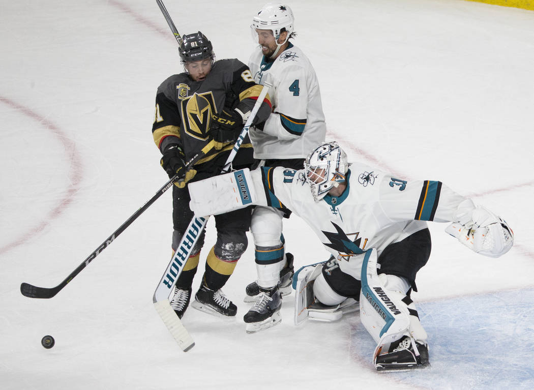 Golden Knights center Jonathan Marchessault (81) scores an overtime goal that was later called off against San Jose Sharks goaltender Martin Jonesca (31) during game two of their second round p ...