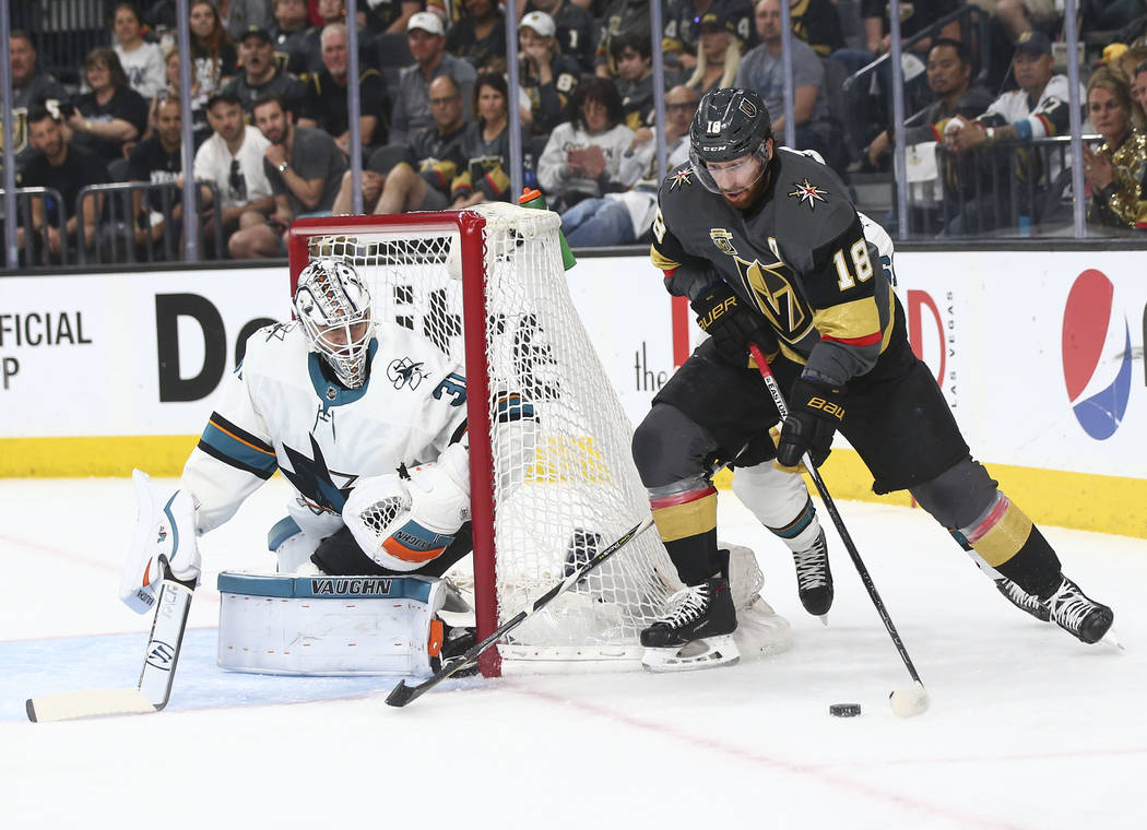 Golden Knights left wing James Neal (18) looks to shoot as San Jose Sharks goaltender Martin Jones (31) defends during the first period of Game 2 of an NHL hockey second-round playoff series at T- ...