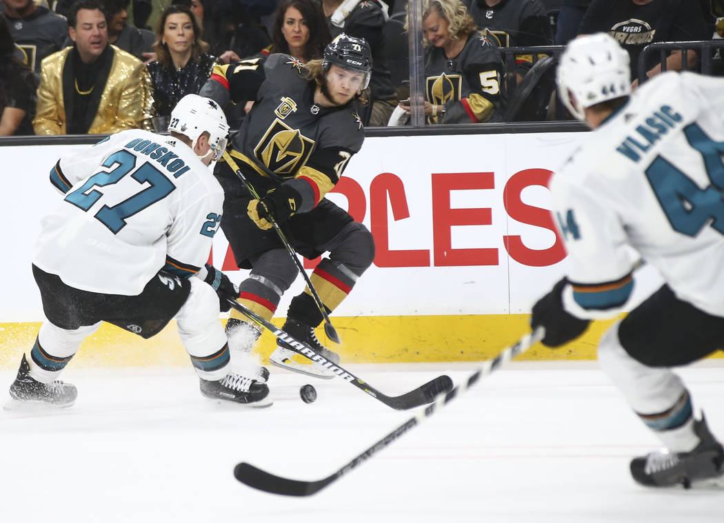 Golden Knights center William Karlsson (71) passes the puck shortly before scoring against the San Jose Sharks during the first period of Game 2 of an NHL hockey second-round playoff series at T-M ...