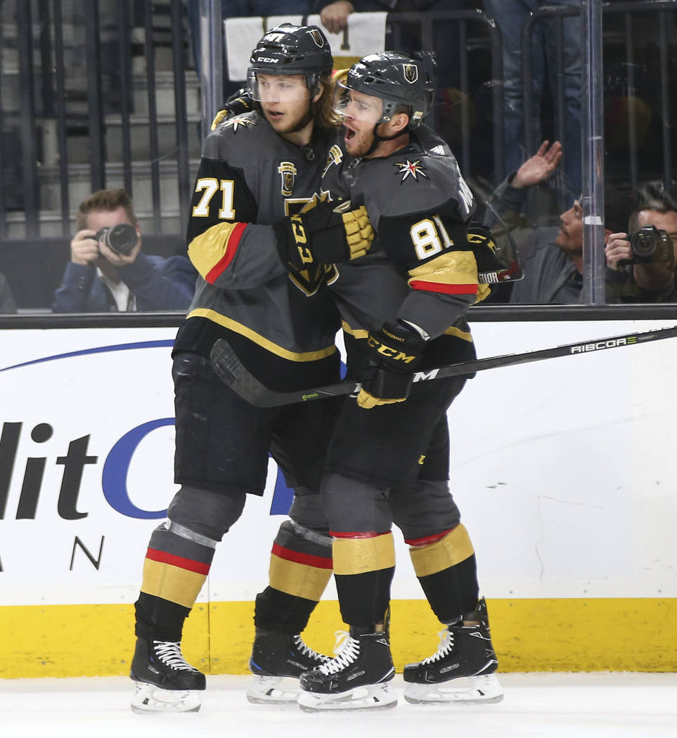 Golden Knights center William Karlsson (71) celebrates his goal with center Jonathan Marchessault (81) during the first period of Game 2 of an NHL hockey second-round playoff series against the Sa ...