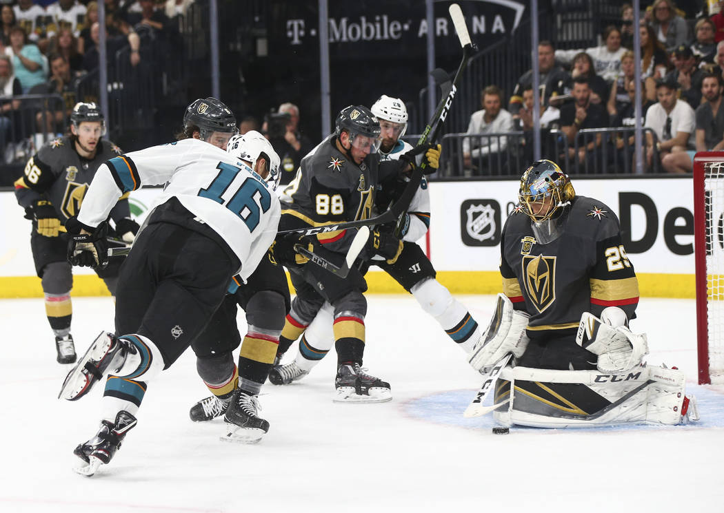 Golden Knights goaltender Marc-Andre Fleury (29) blocks a shot from San Jose Sharks center Eric Fehr (16) during the second period of Game 2 of an NHL hockey second-round playoff series at T-Mobil ...