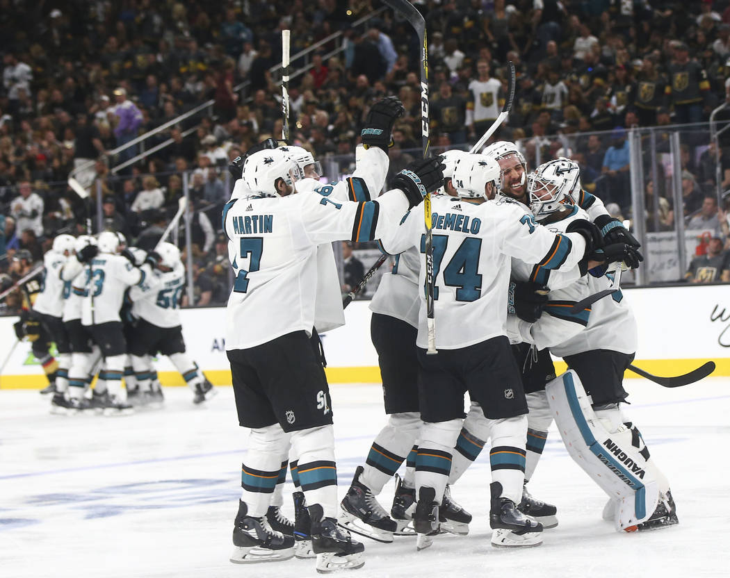 San Jose Sharks players celebrate their double overtime defeat over the Golden Knights in Game 2 of an NHL hockey second-round playoff series at T-Mobile Arena in Las Vegas on Saturday, April 28, ...