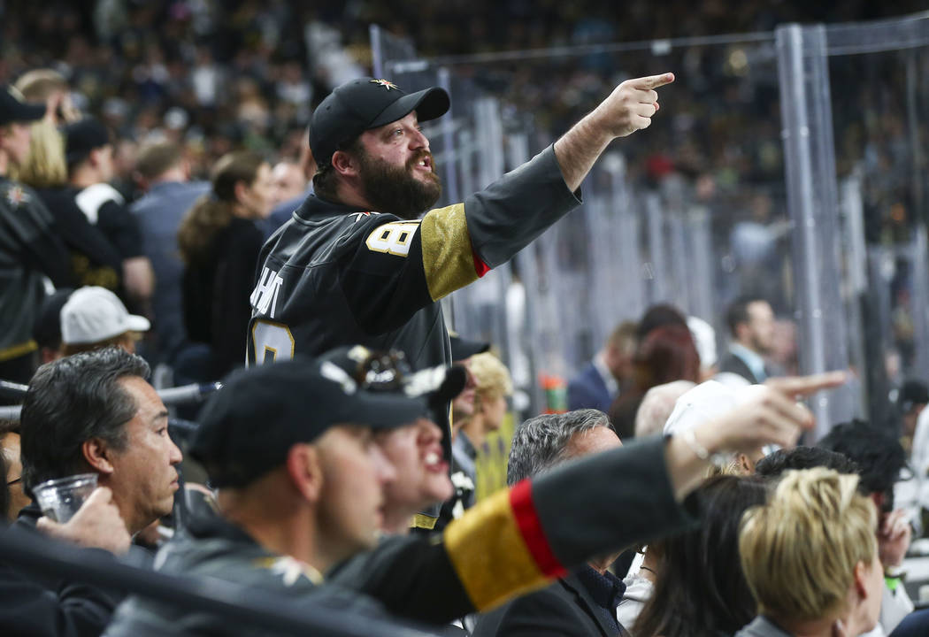 Golden Knights fans shout at referees after the San Jose Sharks defeated the Golden Knights in double overtime in Game 2 of an NHL hockey second-round playoff series at T-Mobile Arena in Las Vegas ...