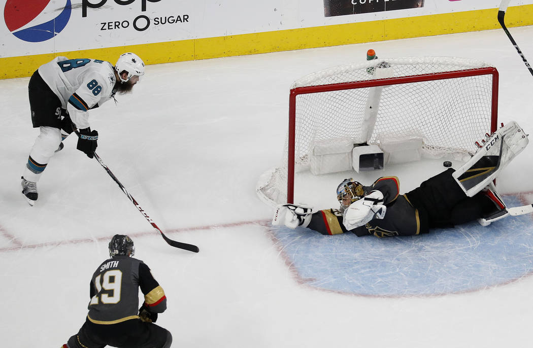 San Jose Sharks defenseman Brent Burns (88) scores against Vegas Golden Knights goaltender Marc-Andre Fleury, right, during the second period of Game 2 of an NHL hockey second-round playoff series ...