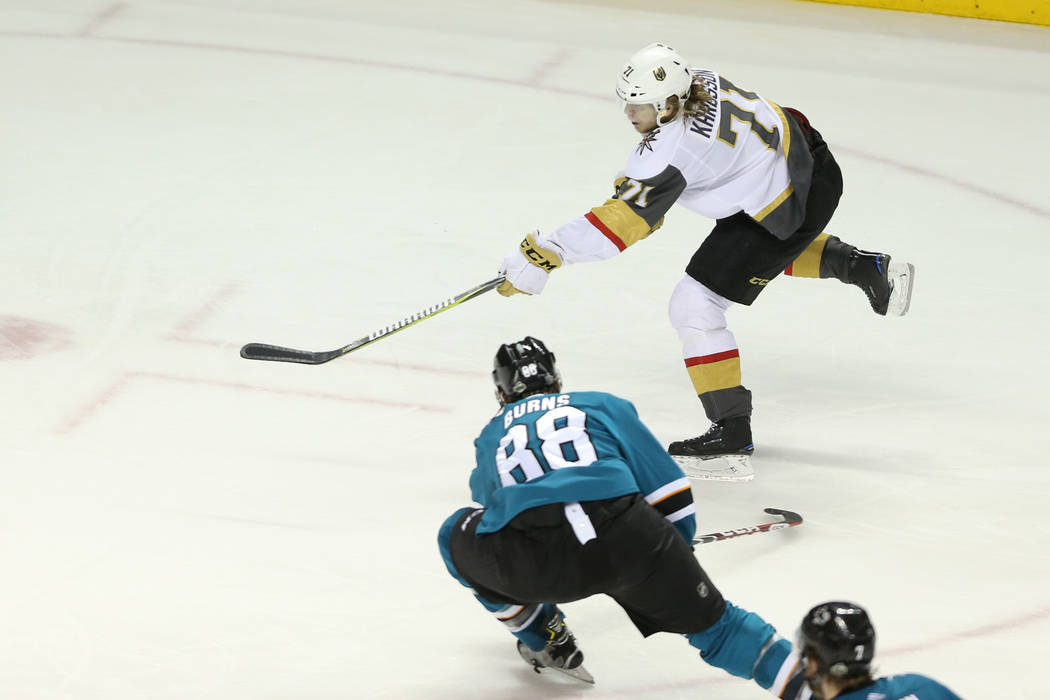 Vegas Golden Knights center William Karlsson (71) takes a shot for a score against the San Jose Sharks during overtime in Game 3 of an NHL hockey second-round playoff series at the SAP Center in S ...