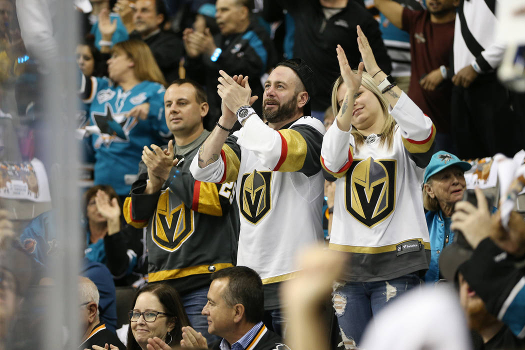 Vegas Golden Knights fans cheer during the first period against San Jose Sharks in Game 3 of an NHL hockey second-round playoff series at the SAP Center in San Jose, Calif, Monday, April 30, 2018. ...
