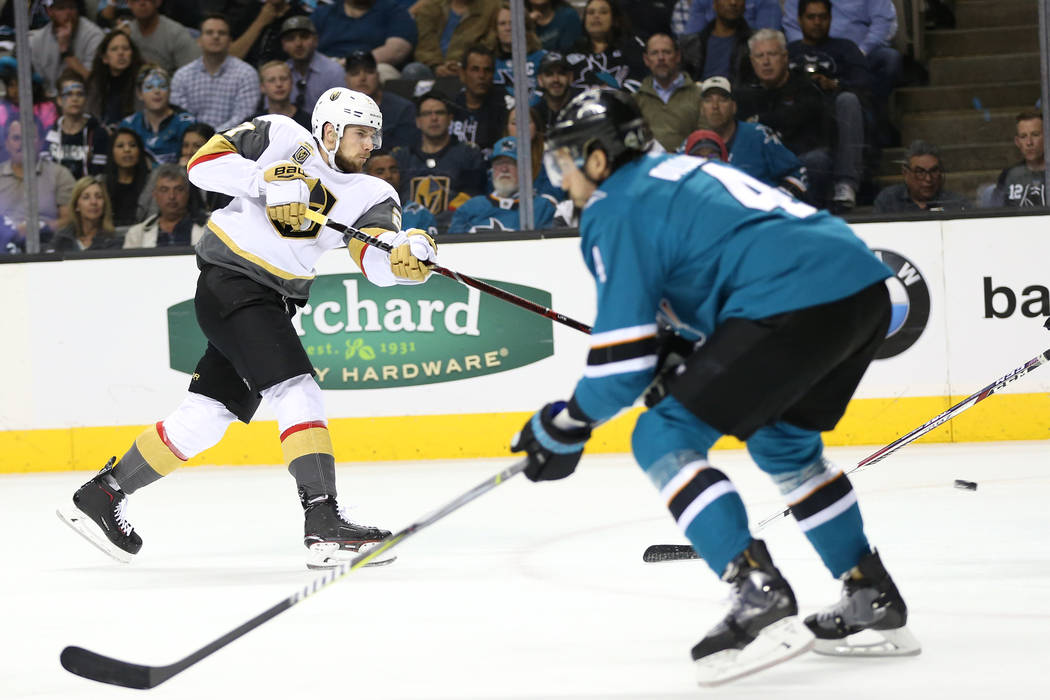 Vegas Golden Knights defenseman Shea Theodore (27) takes a shot against San Jose Sharks during the first period in Game 3 of an NHL hockey second-round playoff series at the SAP Center in San Jose ...