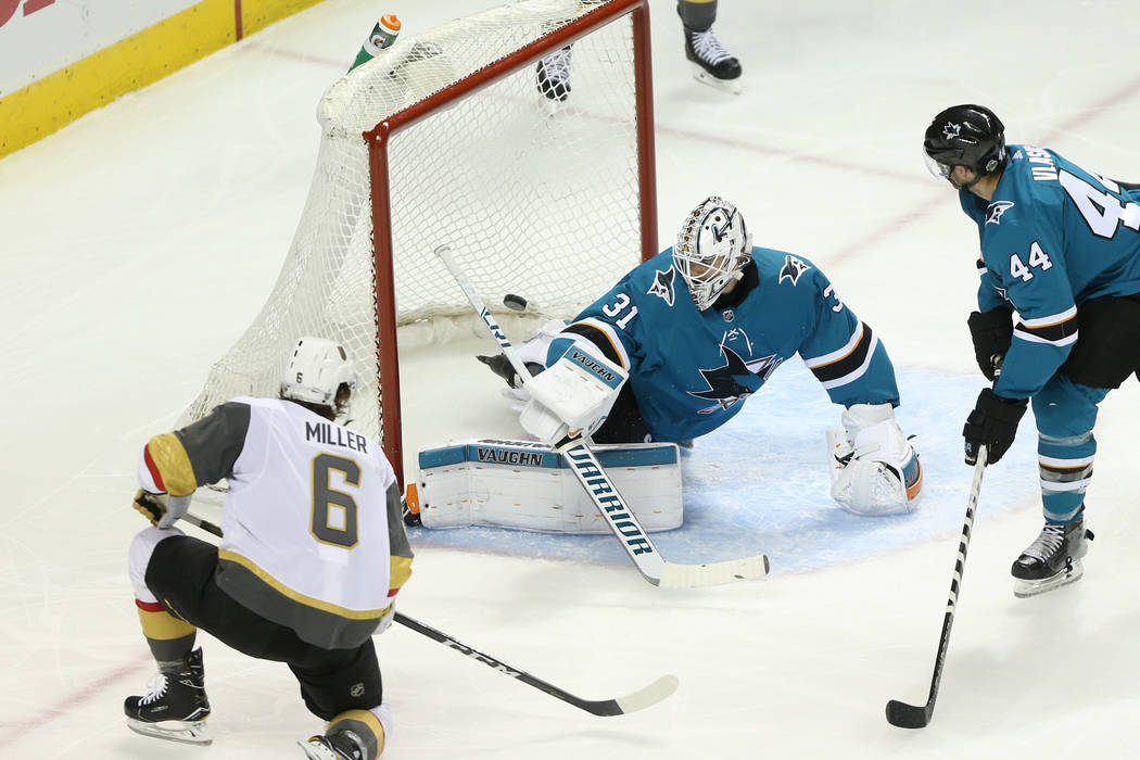 Vegas Golden Knights defenseman Colin Miller (6) shoots for a score against the San Jose Sharks during the second period in Game 3 of an NHL hockey second-round playoff series at the SAP Center in ...