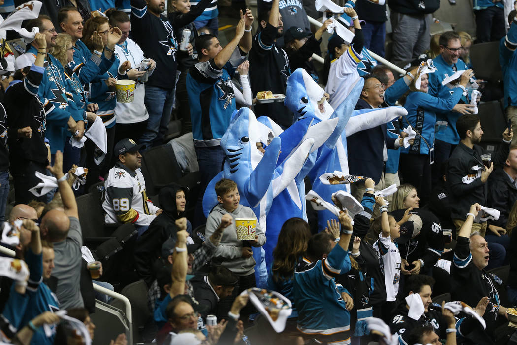 Fans celebrate a score by San Jose Sharks right wing Timo Meier (28) against the Vegas Golden Knights during the second period in Game 3 of an NHL hockey second-round playoff series at the SAP Cen ...
