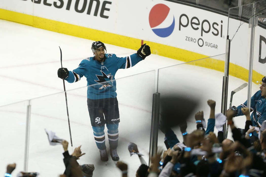 San Jose Sharks right wing Timo Meier (28) celebrates a score against the Vegas Golden Knights during the second period in Game 3 of an NHL hockey second-round playoff series at the SAP Center in ...