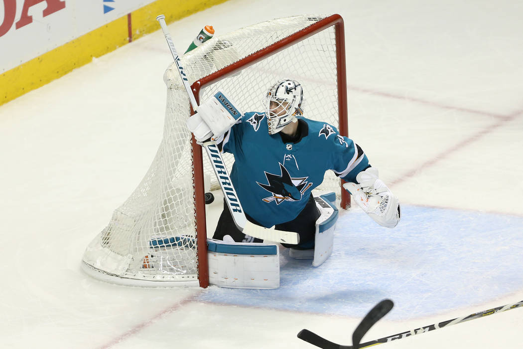 San Jose Sharks goaltender Martin Jones (31) sees a shot by Vegas Golden Knights center Jonathan Marchessault (81) score during the second period in Game 3 of an NHL hockey second-round playoff se ...