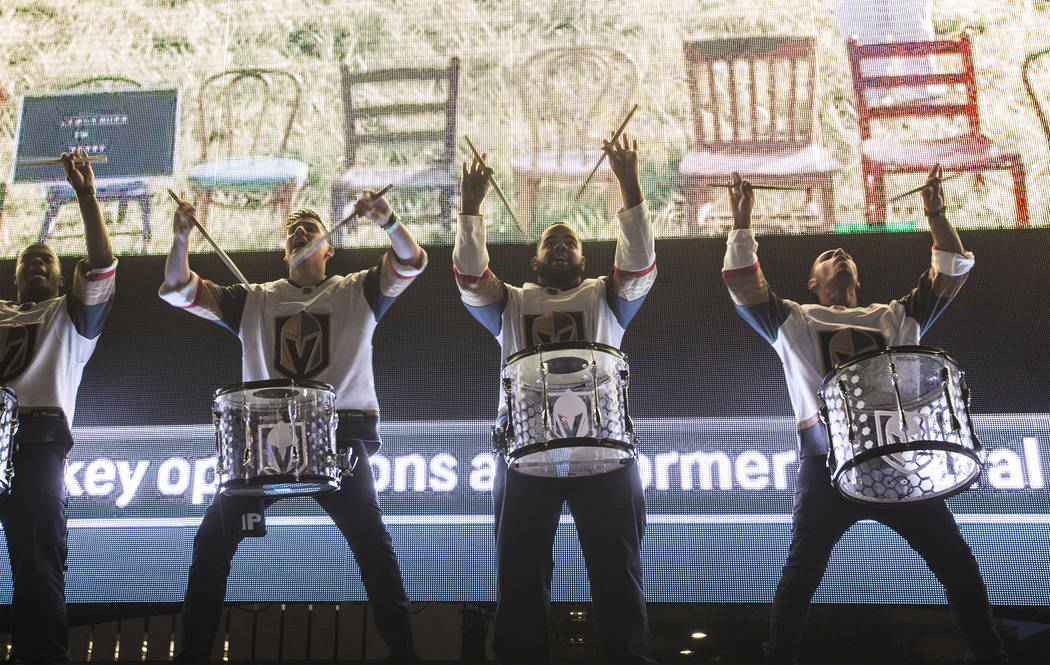 The Knightline drummers perform during game three of the Golden Knights playoff series with the San Jose Sharks on Monday, April 30, 2018, at Downtown Las Vegas Events Center, in Las Vegas. Benjam ...