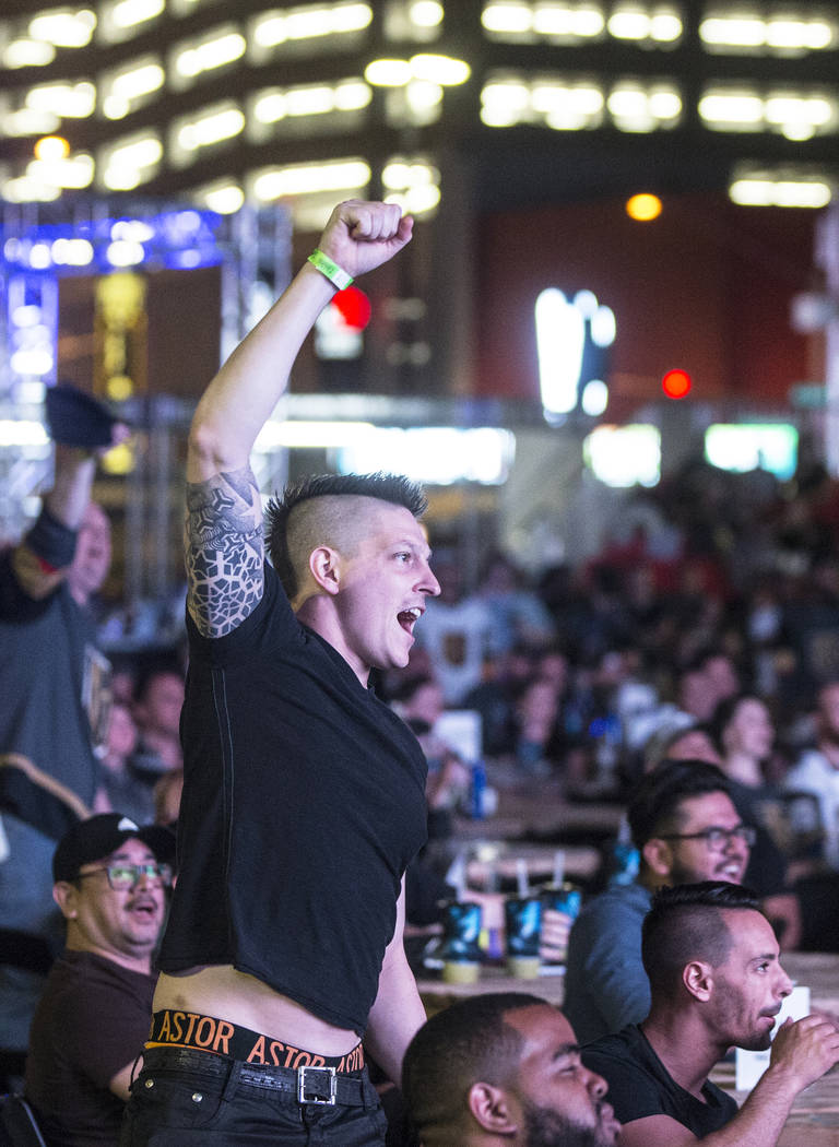 Billy Kesner pumps up fans at a watch party during game three of the Golden Knights playoff series with the San Jose Sharks on Monday, April 30, 2018, at Downtown Las Vegas Events Center, in Las V ...