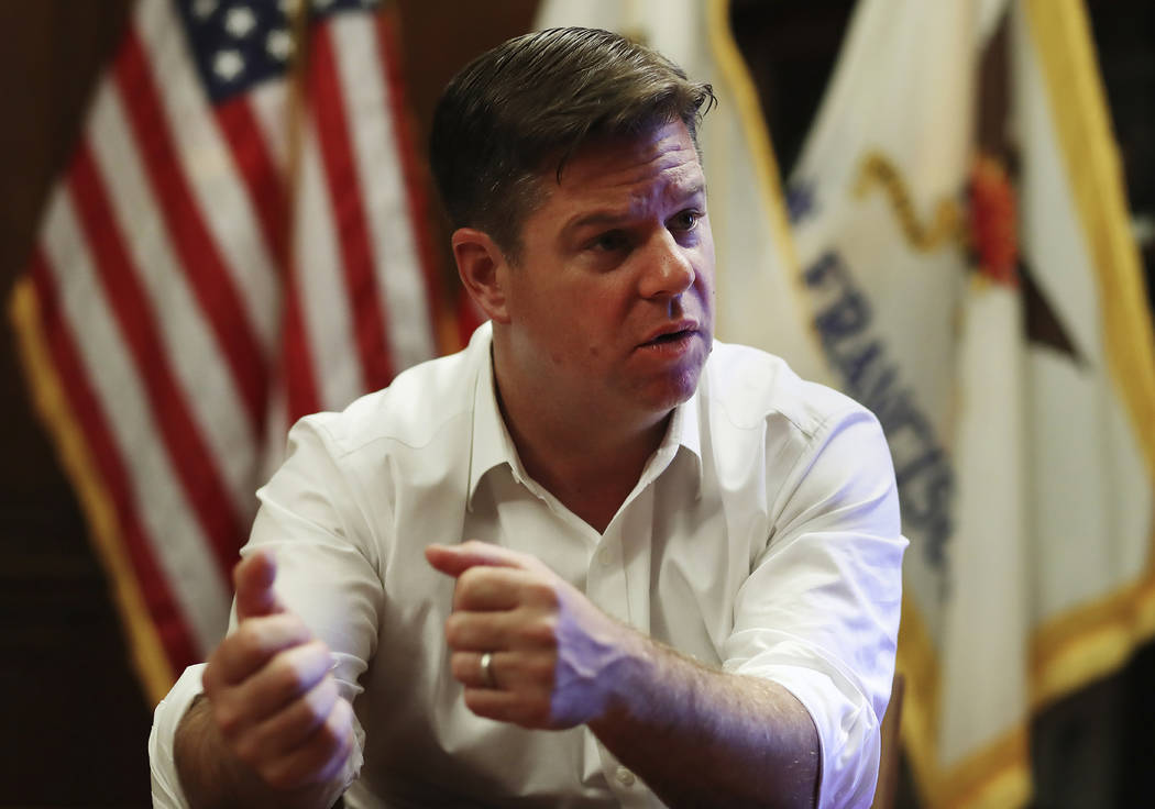 In this photo taken on Thursday, April 26, 2018, interim San Francisco Mayor Mark Farrell gestures while speaking in San Francisco. Though known for its compassion to the needy, San Francisco may ...