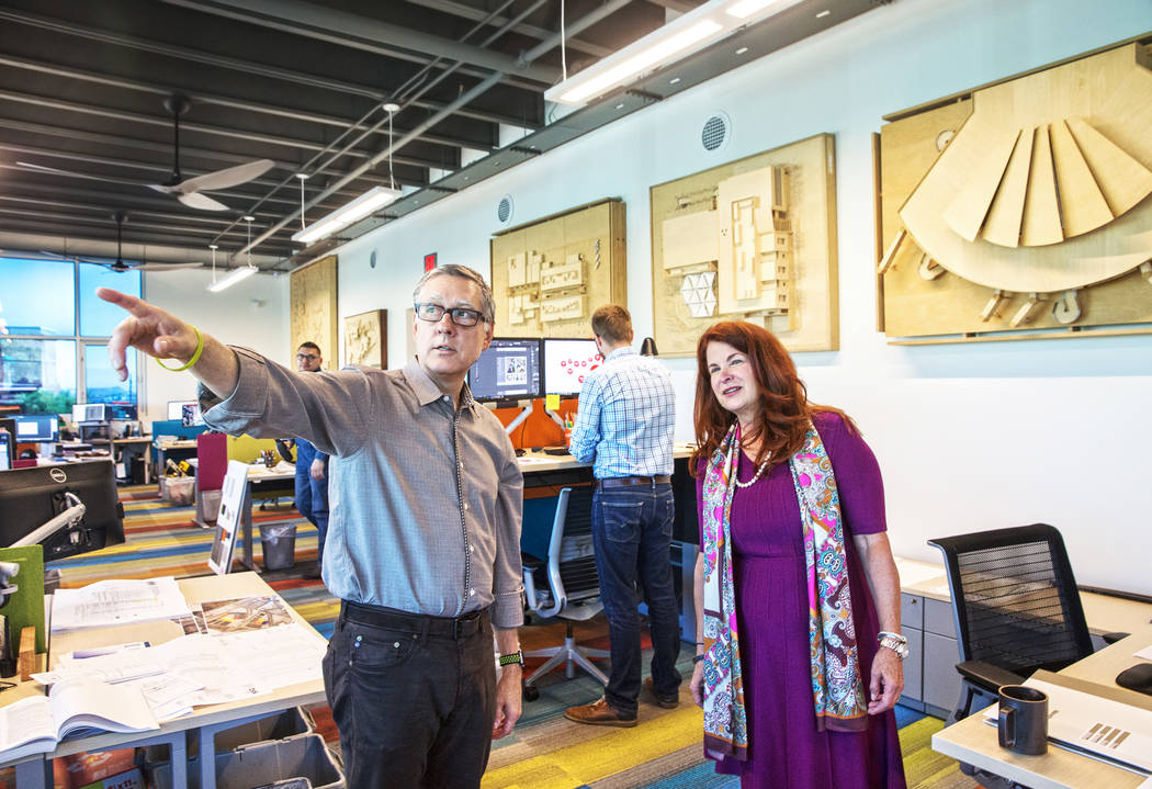 Henderson Mayor Debra March, right, and TSK president Windom Kimsey tour Kimsey's architecture firm on Monday, Aug 14, 2017, at TSK offices, in Henderson. Benjamin Hager Las Vegas Review-Journal @ ...