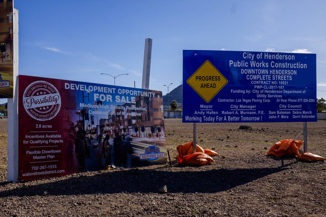 Signs advertise upcoming developments and opportunities on Water Street in Henderson on Friday, March 30, 2018.  Patrick Connolly Las Vegas Review-Journal @PConnPie