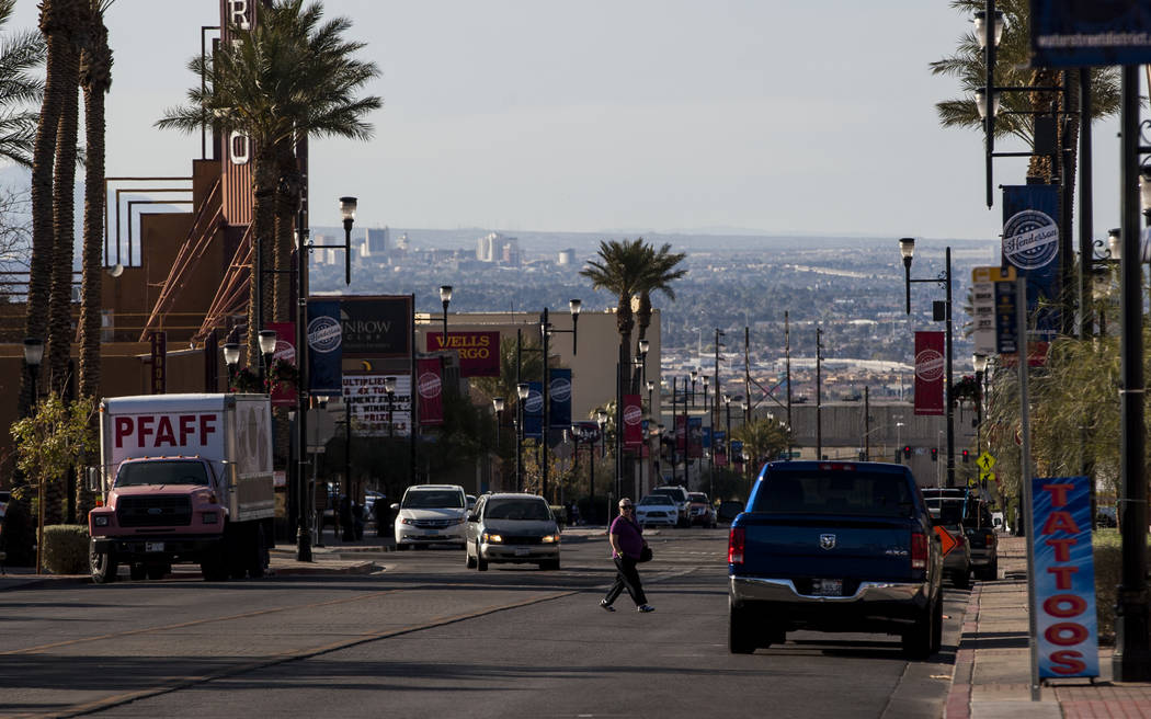 A person crosses Water Street in Henderson on Friday, March 30, 2018.  Patrick Connolly Las Vegas Review-Journal @PConnPie