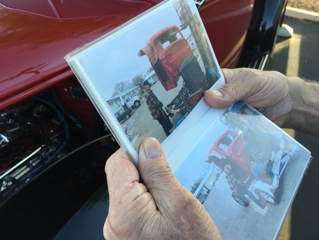 Glenn Immekus shows photos of his 1939 Ford pickup in its pre-restoration state. (John Przybys Las Vegas Review-Journal)