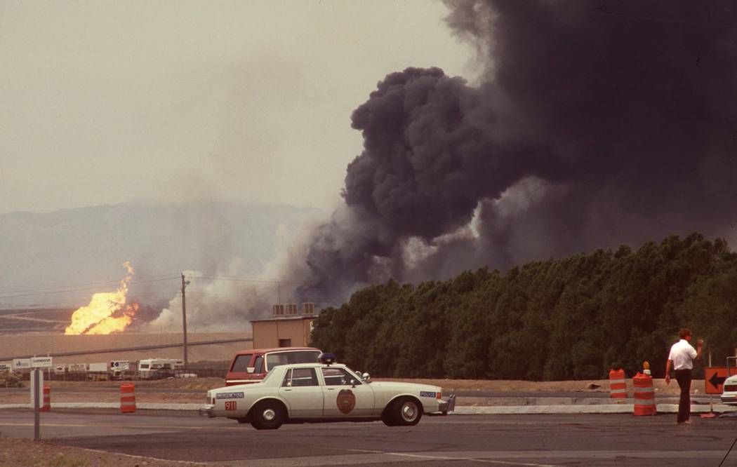 Black smoke billows from the Pacific Engineering Production Company of Nevada (PEPCON) plant in Henderson May 4, 1988, after a fire and explosion rocked the Las Vegas Valley. Two were killed hundr ...
