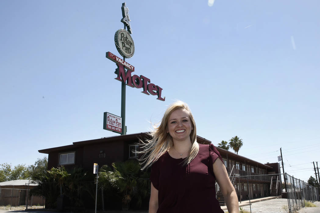 Shae Cox, deputy director of Preserve Nevada, poses for photo outside the boarded up Peter Pan Motel at 110 N. 13th St., on Wednesday, May 16, 2018, in Las Vegas. Bizuayehu Tesfaye/Las Vegas Revie ...