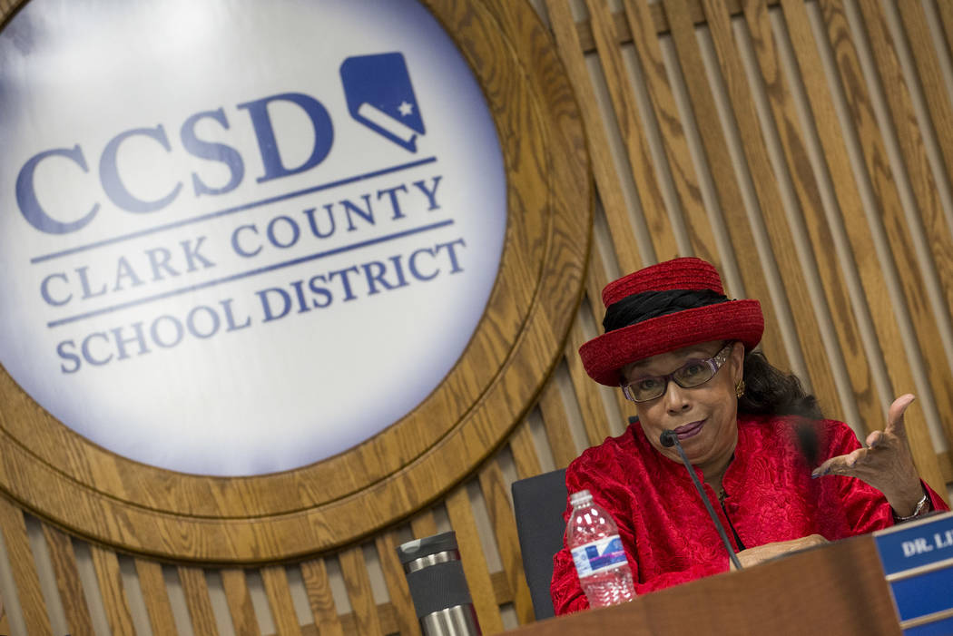 Clark County School District trustee Dr. Linda E. Young speaks during a CCSD Board of Trustees meeting at CCSD's education center in Las Vegas on Wednesday, May 2, 2018. Richard Brian Las Vegas Re ...