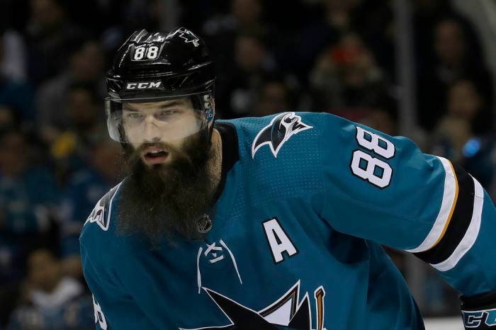 San Jose Sharks defenseman Brent Burns (88) during the NHL hockey game  against the Calgary Flames, Monday, Feb. 10, 2020, in San Jose, California,  USA. The Flames defeated the Sharks 6-2. (Photo