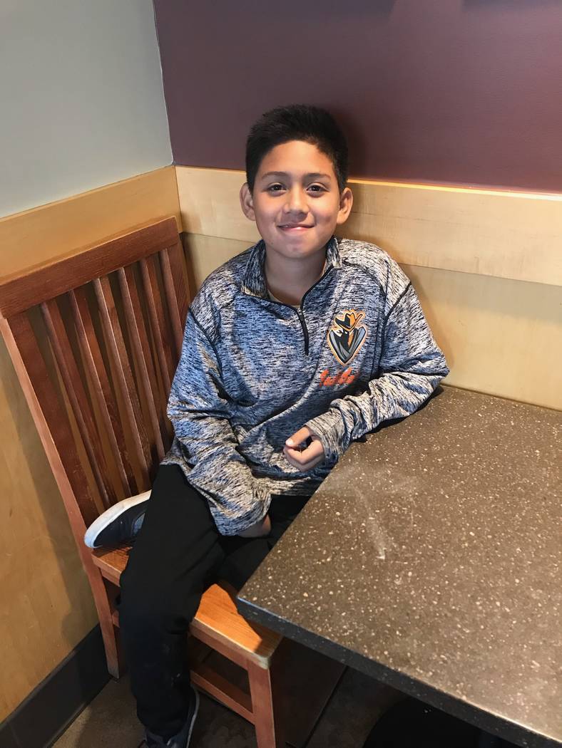 Jayden Zelaya-Ramos, 10, on May 1, 2018. Jayden had just finished describing how his fifth grade teacher Jason Wright, the husband of CCSD Board president Deanna Wright, kicked and yanked him at G ...