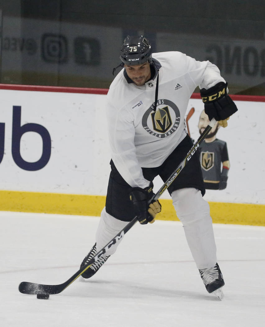 Vegas Golden Knights right wing Ryan Reaves (75) prepares to shoot the puck during during team's optional practice at the City National Arena on Thursday, May 3, 2018, in Las Vegas. Bizuayehu Tesf ...
