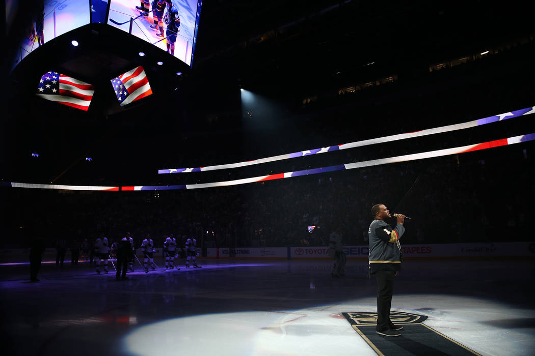Carnell Johnson, also known as Golden Pipes, signs the national anthem during Game 1 of an NHL hockey second-round playoff series between Vegas Golden Knights and the San Jose Sharks at T-Mobile A ...